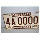 1962 Minnesota License Plate 4A 0000