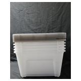 5- Clear Plastic totes w/ lids. Several lids have