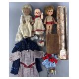 3 vintage dolls, outfits, accessories, drawer