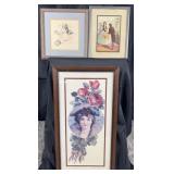 3 framed prints depicting romance scenes and bust
