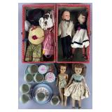4 vintage dolls, accessories, metal tea set and