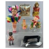 Group of vintage toys, clock and figures