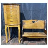 Jewelry cabinet and child's bench, 23' & 38'