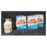 3- Krusteaz pancake mix 16oz each. Maple Syrup