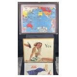Framed vintage map and 2 advertising prints,