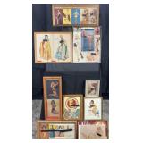 9 framed vintage pin ups, advertising and prints,