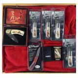 6 vintage knives and Case XX zippo in glass