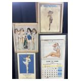 4 vintage framed pin ups & calendars, 12'-22'
