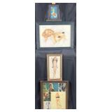 4 vintage framed pin ups, 7'-19' high, one with