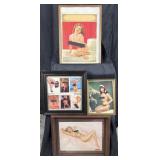 4 framed vintage pinups and prints, 13'-19' high