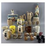 Group of mugs, salt & pepper shakers, decanters