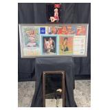 Framed vintage pin up & 2 decorated mirrors,