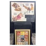 2 vintage framed pin ups, WWII letterheads and