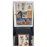 2 framed vintage pin ups and prints, 23'-36' high