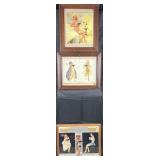 3 vintage framed pin ups & prints, 18'-21' high