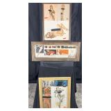 3 framed vintage pin ups and prints, 13'-24' high
