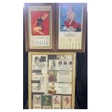 3 vintage framed pin ups, calendars and