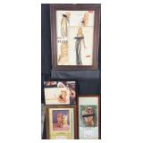 4 framed vintage pin ups and prints, 12'-26' high