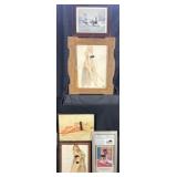 5 framed vintage pin ups and prints, one has