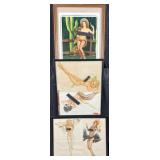 3 vintage framed pin ups and print, 17'-22' high,