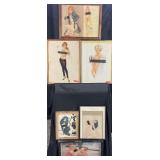 6 framed vintage pin ups and prints, 11'-17' high