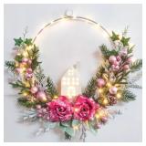 Vofuly 18in Pink Prelit 40 LED Christmas Wreath