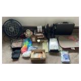 Group of decorative accessories, boots, fan,