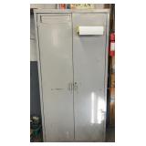 Metal cabinet and contents: Metal gas can,