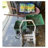 Wheelbarrow, 2 spreaders, hose reel & 2-14 lb