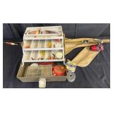 Vintage fishing rod & reel, tackle box with lures