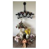 Group of faux flowers, pedestal, vases and more