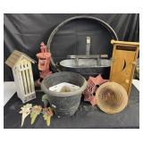 Group of yard decorations, pitcher pump, bird