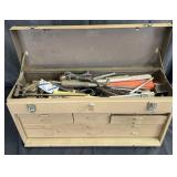 Metal toolbox filled with tools: soldering guns,