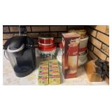 Keurig coffee maker, thermos, knife set, sponges