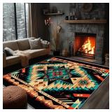 Yoozitrees 8x10 Teal Aztec Washable Area Rug