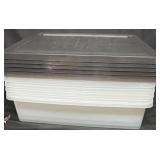 6- Clear Plastic Totes w/ Black Lids, Some