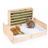 Glittme 2-in-1 Wood Rabbit Litter BoxHay Feeder