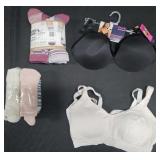 Women's bra size 34DD, socks and 2 size Large
