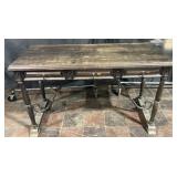 Vintage rustic oak console table, 3 drawers, iron