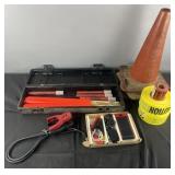 Road cones, flares, flags, jump charger & cables,