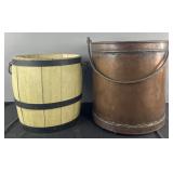 Large copper pail & barrel form wooden bucket,