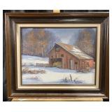 Sue Dooley oil on canvas depicting barn in winter