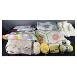5 quilts, sheets, pillowcases yarn and sewing