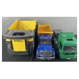 3 toy trucks, Tonka dump truck, Mack dump truck &