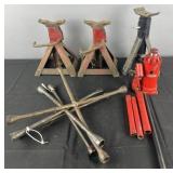 Bottle Jack, 3 jack stands & 3 tire tools