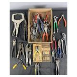 Group of pliers, snips, fasteners and more