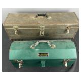 2 metal tool boxes with tools, sockets, chalk