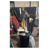Trashcan and contents, brooms, mops, dustpans,