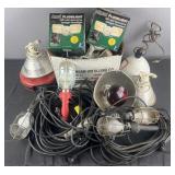 Group of shop lights, heat lamp, flood lights and