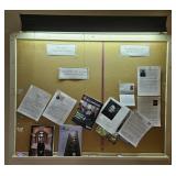 Bulletin board in frame w/ light. 60x48.5'